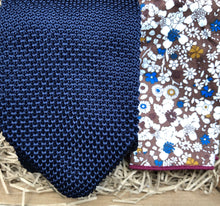 Load image into Gallery viewer, Larkspur &amp; Cardinal: Knitted Tie, Navy, Floral Pocket Square, Men&#39;s Gifts, Formal Attire