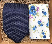 Load image into Gallery viewer, A man&#39;s tie in a navy knitted fabric and a white cotton pocket square handkerchief. The set is ideal as a men&#39;s gift and comes gift wrapped by Daisy and Oak Studio.