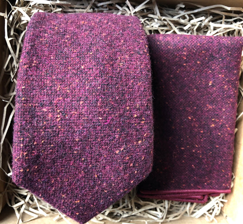 Bear River: Men's Red Purple Tie in Flecked Wool  with Pocket Handkerchief- Wedding Attire, Men's Gifts