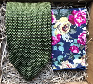 A handmade green knitted men's tie and floral pocket square handmade by Daisy and Oak Studio. All our ties comes with free gift wrapping and are the perfect men's gift.