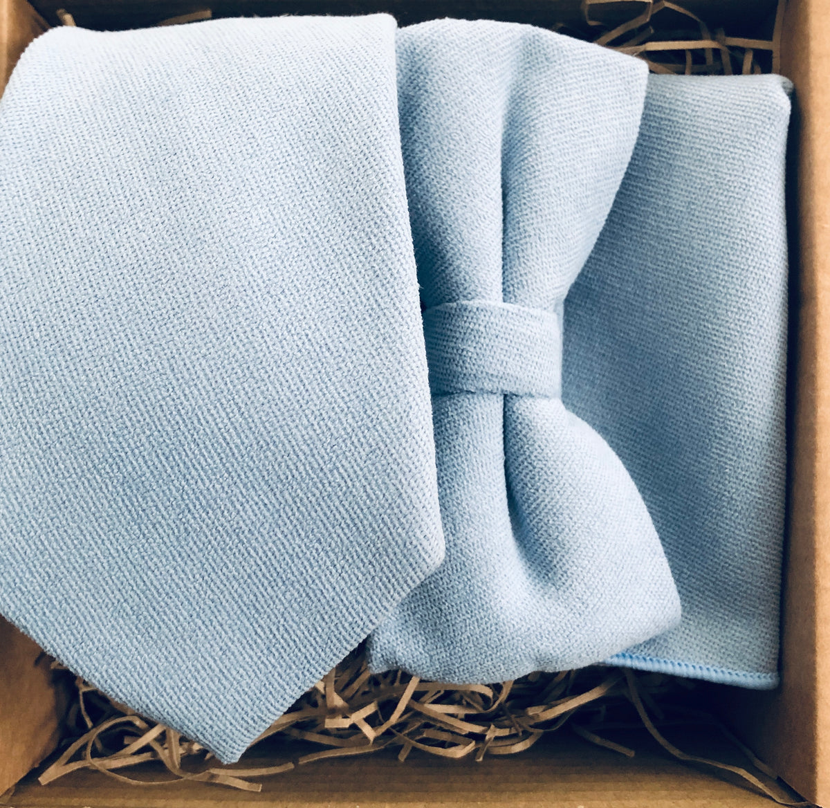 Baby blue bow tie, necktie and pocket square set 
