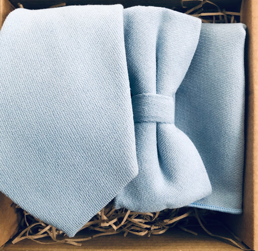 Baby blue bow tie, necktie and pocket square set 
