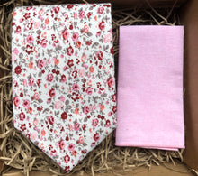 Load image into Gallery viewer, A pink floral necktie in cotton and a pink pocket square. Perfect for weddings and as a grooms man gift.