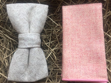 Load image into Gallery viewer, A cream wool bow tie and blush pink wool pocket square. Ideal as men&#39;s wedding attire for men, men&#39;s gifts and groomsmen gifts. The set comes gift wrapped and is perfect for a men&#39;s Christmas present. BY Daisy and Oak STudio.
