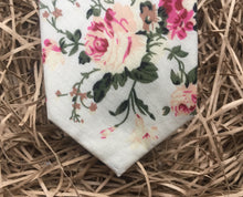 Load image into Gallery viewer, A pink floral men&#39;s tie on an ivory background. The set make a perfect men&#39;s gift and is handmade at the Daisy and Oak Studio, UK