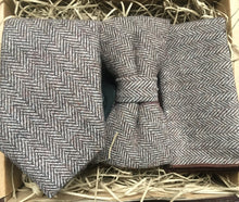 Load image into Gallery viewer, Men&#39;s herringbone, brown vintage tie, bow tie and pocket square. The tie set comes gift rapped and is handmade at the Daisy and Oak Studio, UK