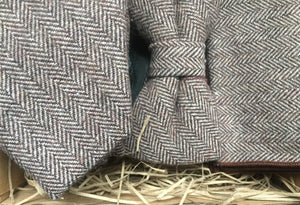 Men's herringbone, brown vintage tie, bow tie and pocket square. The tie set comes gift rapped and is handmade at the Daisy and Oak Studio, UK