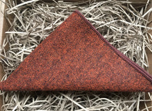 Load image into Gallery viewer, A men&#39;s burnt orange wool pocket square worn with a beige checked suit. THe pocket square comes gift wrapped and is handmade by Daisy and Oak Studio.
