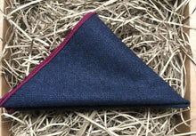 Load image into Gallery viewer, A navy blue wool pocket square which comes gift wrapped and makes an ideal men&#39;s gift. THe pocket square matches our navy ties, perfectly and is made by Daisy and Oak Studio, UK