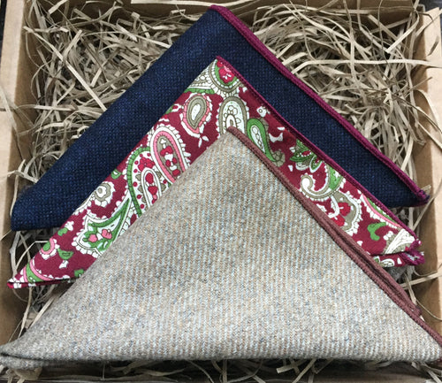 A set of 3 men's pocket squares to match our ties at Daisy and Oak Studio. The handkerchiefs are made of wool and are in a red paisley pattern, blue and beige. Our ties and pocket squares come with free gift wrapping and are stunning men's gifts.