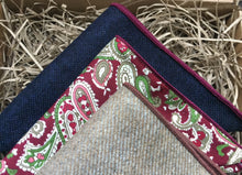 Load image into Gallery viewer, A set of 3 men&#39;s pocket squares to match our ties at Daisy and Oak Studio. The handkerchiefs are made of wool and are in a red paisley pattern, blue and beige. Our ties and pocket squares come with free gift wrapping and are stunning men&#39;s gifts.