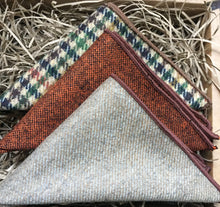 Load image into Gallery viewer, A set of three wool pocket squares in burnt orange, beige and houndstooth colour. The set comes gift wrapped and is perfect for men&#39;s Christmas gifts or groomsmen gifts. Handmade at Daisy and Oak Studio.