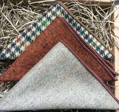 A set of three wool pocket squares in burnt orange, beige and houndstooth colour. The set comes gift wrapped and is perfect for men's Christmas gifts or groomsmen gifts. Handmade at Daisy and Oak Studio.