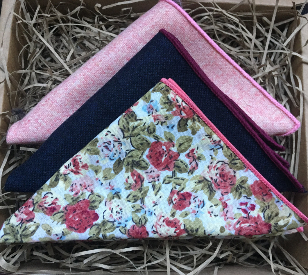 A highly original gift of three wool pocket squares or men's handkerchiefs in pinks and navy. The set comes gift wrapped and makes a stunning christmas gift for men, groomsmen or grooms.By Daisy and Oak Studio.