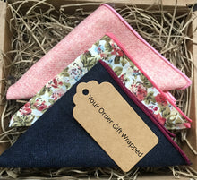 Load image into Gallery viewer, A set of three wool pocket squares in pinks and blues. The set is gift wrapped and so perfect as a mans Christmas gift.