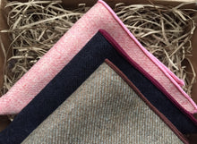 Load image into Gallery viewer, A photo of three inspired wool pocket squares in pink. navy blue and beige. The set makes a perfect gift for men as it is gift wrapped. t could also be a men&#39;s secret Santa gift, groomsmen or groom&#39;s gift. By Daisy and Oak Studio.