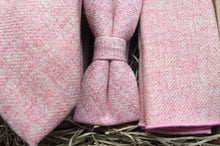 Load image into Gallery viewer, A close up of a blush pink men&#39;s tie in wool with a matching pink pocket square and bow tie. These ties are stunning men&#39;s gifts as they come gift wrapped in a box with string. Fabulous men&#39;s Christmas gift, secret Santa and groomsmen gifts by Daisy and Oak Studio.