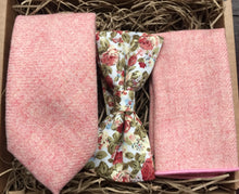 Load image into Gallery viewer, A blush pink wool tie and pocket square with a pink floral bow tie perfect for weddings or as men&#39;s gifts. The set is handmade by Daisy and Oak Studio.