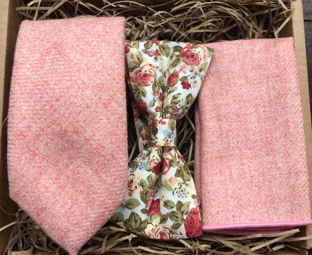 A blush pink wool tie and pocket square with a pink floral bow tie perfect for weddings or as men's gifts. The set is handmade by Daisy and Oak Studio.