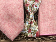 Load image into Gallery viewer, A bespoke blush pink wool tie and pocket square with a pink floral bow tie perfect for weddings or as men&#39;s gifts. The set is handmade by Daisy and Oak Studio.