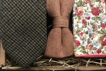 Load image into Gallery viewer, A brown check wool men&#39;s tie, camel brown pocket square and floral pocket square. THis set offers a fabulous vintage look and is extremely popular. The set is handmade at the Daisy and Oak Studio.