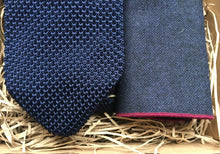 Load image into Gallery viewer, A men&#39;s navy blue knitted men&#39;s tie and navy wool pocket square. The set comes with free gift wrap and is handmade at Daisy and Oak Studio, UK