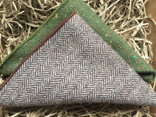Load image into Gallery viewer, A moss green and brown wool herringbone set of men&#39;s pocket squares. The set is Ideal for a wedding, groomsmen gifts, men’s gifts, secret Santa gifts, The tie set comes with free gift wrapping and is handmade in the Daisy and Oak Studio, UK ￼