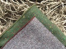 Load image into Gallery viewer, A moss green and brown wool herringbone set of men&#39;s pocket squares. The set is Ideal for a wedding, groomsmen gifts, men’s gifts, secret Santa gifts, The tie set comes with free gift wrapping and is handmade in the Daisy and Oak Studio, UK ￼
