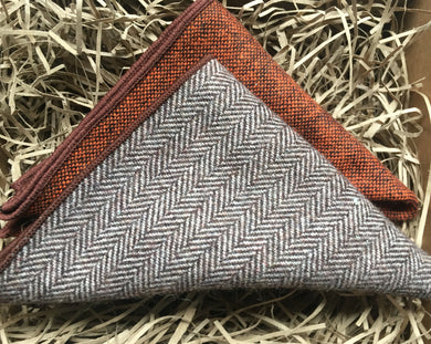 A set of men's wool pocket squares in burnt orange and brown. The set is Ideal for a wedding, groomsmen gifts, men’s gifts, secret Santa gifts, The tie set comes with free gift wrapping and is handmade in the Daisy and Oak Studio, UK 