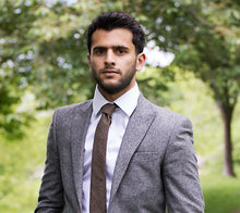 Load image into Gallery viewer, A brown check wool men&#39;s tie, camel brown pocket square and floral pocket square. THis set offers a fabulous vintage look and is extremely popular. The set is handmade at the Daisy and Oak Studio.