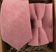 Load image into Gallery viewer, A blush pink men&#39;s tie, bow tie and pocket square in high quality cotton ideal as a wedding tie. This is a formal tie and bow tie set which comes with free gift wrapping and makes an ideal men&#39;s gift and Christmas gift. made by hand at Daisy and Oak Studio.