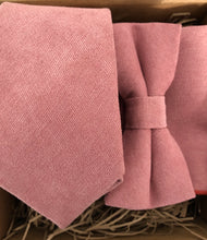 Load image into Gallery viewer, A dusty or dusky lush pink men&#39;s tie, bow tie and pocket square in high quality cotton ideal as a wedding tie. This is a formal tie and bow tie set which comes with free gift wrapping and makes an ideal men&#39;s gift and Christmas gift. made by hand at Daisy and Oak Studio.