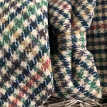 Load image into Gallery viewer, A close up of a herringbone tweed tie, bow tie and pocket square set in checked wool. The colours in the set are brown, green burnt orange and beige. THe set comes gift wrapped and so is perfect as a groomsman gift, men&#39;s Christmas gift or secret Santa.