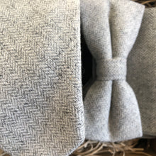 Load image into Gallery viewer, Spindle: Herringbone Tie, Bow Tie and Pocket Square in a Clouded Grey Wool For Weddings and Men&#39;s Gifts