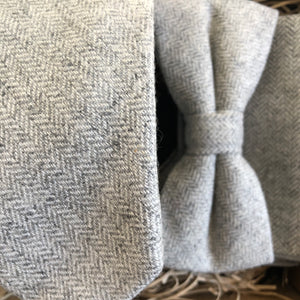 Spindle: Herringbone Tie, Bow Tie and Pocket Square in a Clouded Grey Wool For Weddings and Men's Gifts