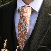 Load image into Gallery viewer, Marigold: Men&#39;s Tie and Pocket Square in a Vibrant Floral Orange Ideal for a Summery, Burnt Orange Wedding