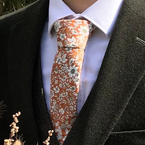 Marigold: Men's Tie and Pocket Square in a Vibrant Floral Orange Ideal for a Summery, Burnt Orange Wedding