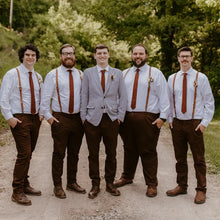 Load image into Gallery viewer, Groomsmen wearing a burnt orange tie with brown cords to match the wedding dress. The rust tie is beautifully wrapped and ideal for wedding gifts, men&#39;s gifts and Christmas gifts.