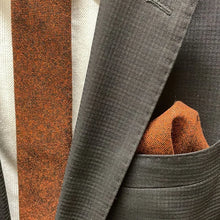 Load image into Gallery viewer, Groomsmen wearing a burnt orange tie with brown cords to match the wedding dress. The rust tie is beautifully wrapped and ideal for wedding gifts, men&#39;s gifts and Christmas gifts.