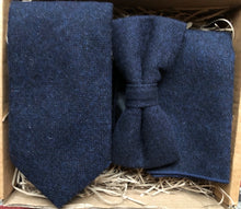 Load image into Gallery viewer, Mens navy tie, bow tie and pocket square in a navy wool. This is handmade by Daisy and Oak Studio and comes beautifully gift wrapped so is ideal for weddings and as grooms and groomsmen ties.