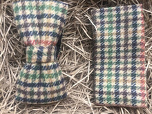Load image into Gallery viewer, A houndstooth check bow tie and pocket square in a green, navy brown and burnt orange wool. The set comes gift wrapped and makes a fabulous men&#39;s gift for Christmas, as a groomsman gift or a grooms wedding tie paired with a tweed suit.