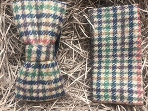 A houndstooth check bow tie and pocket square in a green, navy brown and burnt orange wool. The set comes gift wrapped and makes a fabulous men's gift for Christmas, as a groomsman gift or a grooms wedding tie paired with a tweed suit.