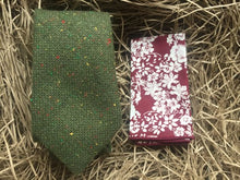 Load image into Gallery viewer, A moss green tie and red floral pocket square handmade by Daisy and Oak Studio, UK. The set comes with free gift wrapping and is perfect as a wedding tie and groomsmen gifts.