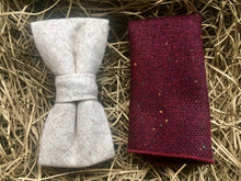 Load image into Gallery viewer, A cream wool bow tie and a burgundy pocket square. The set comes with free gift wrapping and is perfect for ivory weddings, men&#39;s gifts, and groomsmen gifts. We make the bow ties by hand at Daisy and Oak Studio