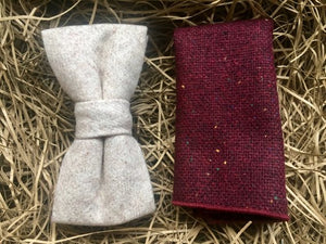 A cream wool bow tie and a burgundy pocket square. The set comes with free gift wrapping and is perfect for ivory weddings, men's gifts, and groomsmen gifts. We make the bow ties by hand at Daisy and Oak Studio