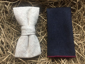 A  cream wool bow tie and navy pocket square. THis highly original bow tie is perfect as a wedding tie, men's gift and husband or boyfriend's present. The bow tie is made at the Daisy and Oak Studio, UK