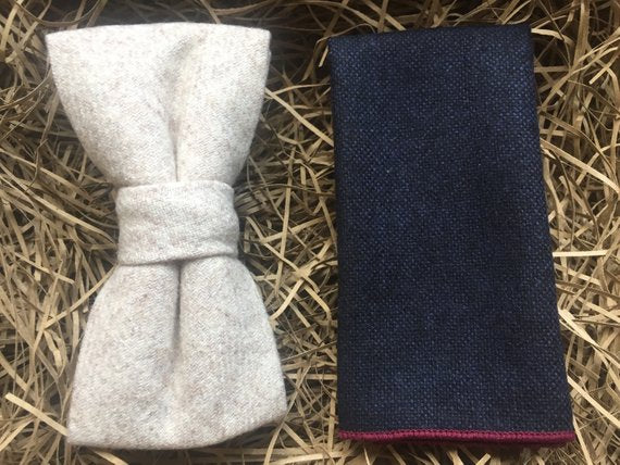 A  cream wool bow tie and navy pocket square. THis highly original bow tie is perfect as a wedding tie, men's gift and husband or boyfriend's present. The bow tie is made at the Daisy and Oak Studio, UK