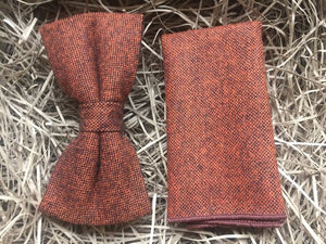 Maple: Men's Bow Tie with Pocket Square In Burnt Orange For A Russet Wedding