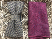 Load image into Gallery viewer, A brown checked wool men&#39;s bow tie and a burgudy red wool pocket square. This is a really nice bow tie set ideal for men&#39;s gifts and comes with free gift wrapping and free UK shipping. The set is made by Daisy and Oak Studio.