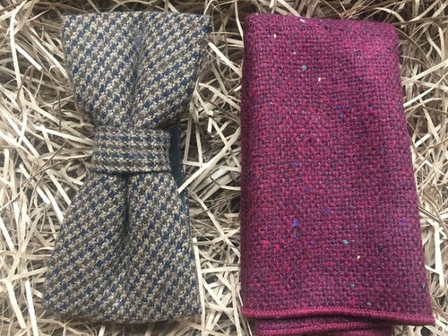 A brown check bow tie in wool matched with a burgundy red wool pocket square. The tie set comes with free gift wrapping and is handmade in the Daisy and Oak Studio, UK